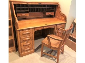 Vintage Solid Oak Roll Top Secretary Desk & Chair(comes Apart For Easier Moving)
