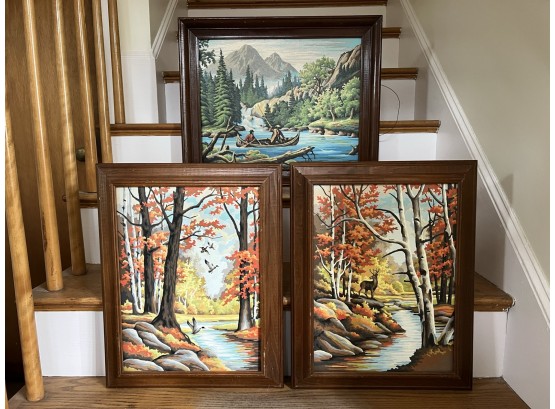 LR/ Trio Of Framed Large Forest Mountain & Lake Scenes Paint By Number Artwork