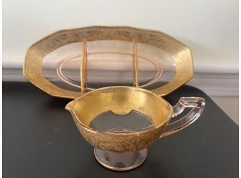 LR/ Vintage Pale Amber Etched Overlay Teacup & Divided Serving Dish