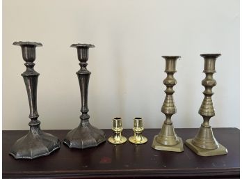 LR/ Pairs Of Brass Candlestick Holders & Stieff Silverplate Candlestick Holders