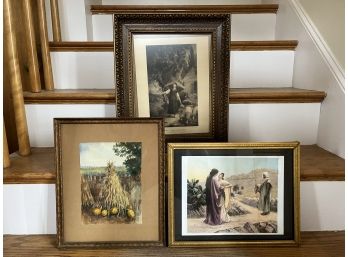 LR/ Trio Of Vintage Framed Prints - Joan Of Arc, Biblical Ruth 1:16, Corn Stalks