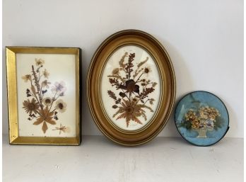 LR/ Trio Of Vintage Wall Art W/ Pressed Dried Flowers & Leaves