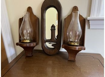 BR-B/ Vintage Wooden Wall Pieces - Skinny Mirror 2 Hurricane Wall Sconces