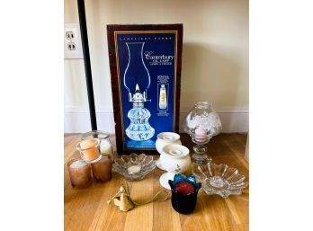 LR/ Bundle Of Beautiful Assorted Candle Holders & Candles & Oil Lamp