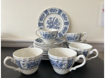 LR/ Vintage Myott Melody Blue Ironstone Teacups, Saucers, Dessert Plates