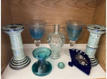 K/ Beautiful Assortment Of Blue Ceramic & Glass Decor Items