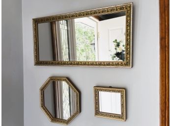 H/ Trio Of Gold Framed Wall Mirrors Different Shapes Sizes - Enamel Type Frame Detail