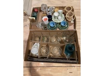C/ Box Of Glass Vases & Box Of Glass Ceramic Basket Candle Holders And Candles