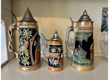 K/ Awesome Trio Of Pewter Lidded Ceramic Glazed Beer Steins - Larger 2 Stamped DBGM