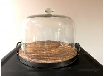 C/ Large Farmhouse Style Wood & Metal & Glass Domed Cake Plate