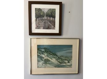 H/ Pair Of Pretty Framed Artwork Prints - Ocean Dunes By Carolyn Blish & Tree Lined Road