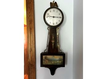 H/ Beautiful Vintage Wood Gilbert Banjo Clock W/ Eagle On Top & Scene Below