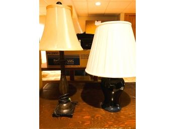 C/ 2 Table Lamps - Brown Metal & Blue Ceramic Both W/ Shades