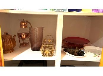 C/ Shelf #2 Lovely Gold Red & Ceramic Serving Items & Vintage Doorknobs