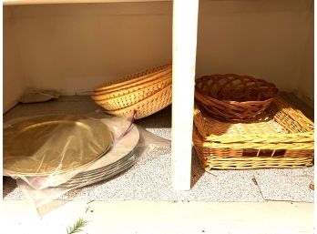 C/ Shelf #4 Basket Trays & Shallow Bowls & Metallic Plate Chargers