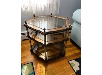 LR/ Pretty Oval Wood & Glass 2 Tier Side Hexagon End Accent Table