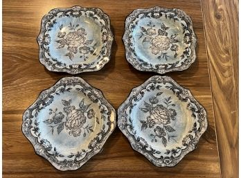 K/ Set Of 4 Lovely Maxcera 'French Toile' Floral Dessert Plates - Blue Gray Cream