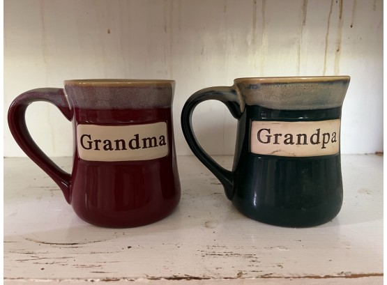 K/ 2 Lg Ceramic Glazed Stoneware Coffee Mugs 'Grandma' & 'Grandpa' Tumbleweed Pottery