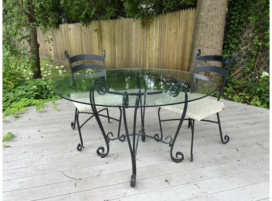 Y/ Pretty Black Iron & Round Glass Top Patio Outdoor Deck Table W/ 2 Chairs