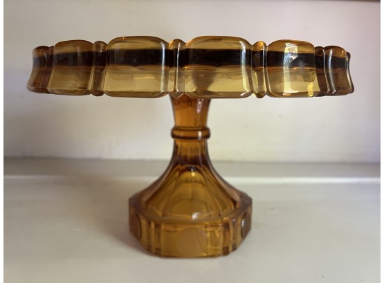 P/ Vintage Amber Glass Footed Cake Stand #1 - W/ Bell Coin Design On Foot Base