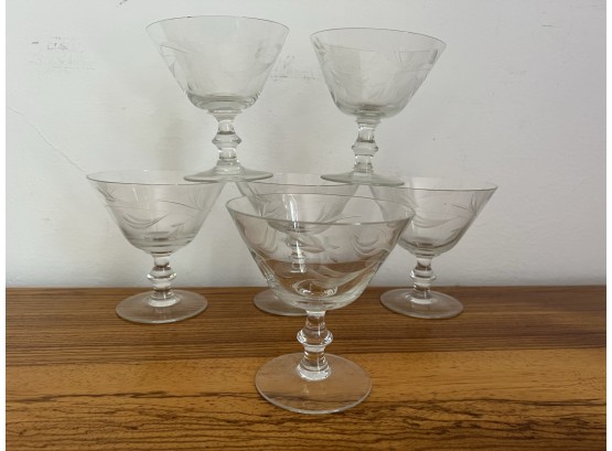 LR/ 6 Beautifully Etched Low Champagne Sorbet Liquor Glasses