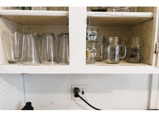 K/ Kitchen Shelf #3 - 12 Shaker Glasses, 2 Looney Tunes & Some Mason Jar Mugs