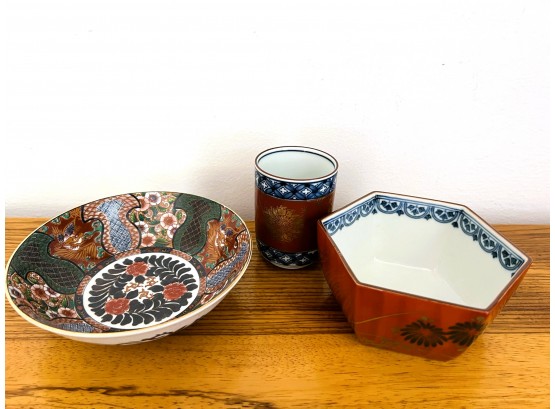 LR/ 3 Gorgeous Japanese Colorful Porcelain Pieces