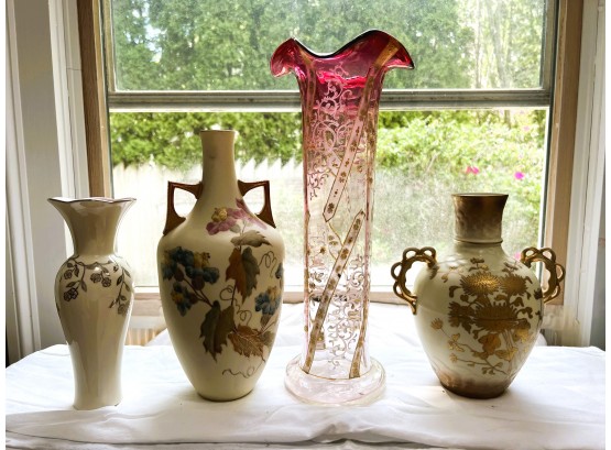 S/ 4 Antique Style Vases - RW Germany, Red To Clear Art Glass & More
