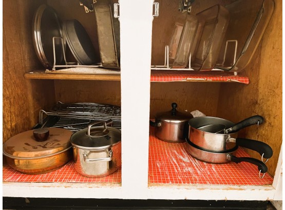 K/ Kitchen Cabinet Bundle - Pyrex, Pots, Pans, Cooling Rack & More
