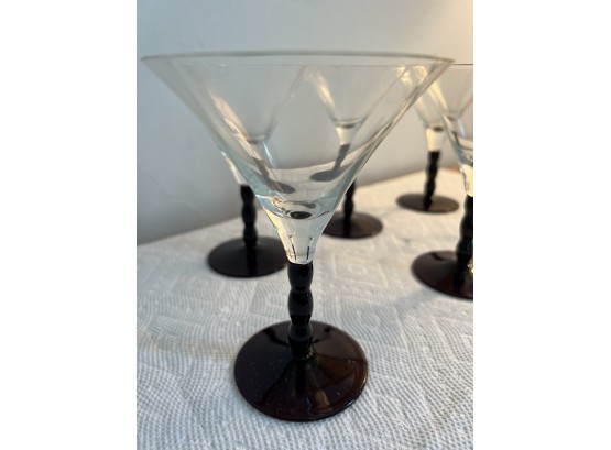 LR/ 6 Low Footed Martini Glasses Clear Bowl & Purple Plum Stem & Foot