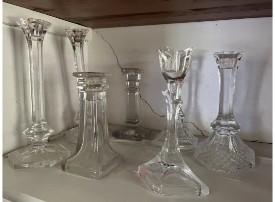 P/ 7 Assorted Pretty Clear Glass Crystal Candle Stick Holders