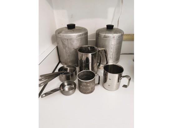 K/ Vintage Brushed Aluminum Flour & Sugar Canisters & Asstd Measuring Cups...