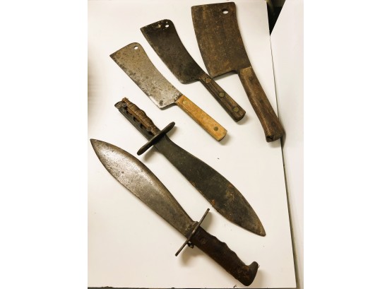 K/ 2 Vintage Military Survival Knives & 3 Vintage Cleavers