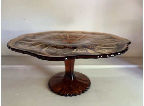 P/ Vintage Amber Glass Footed Cake Stand #2 - Pressed Glass