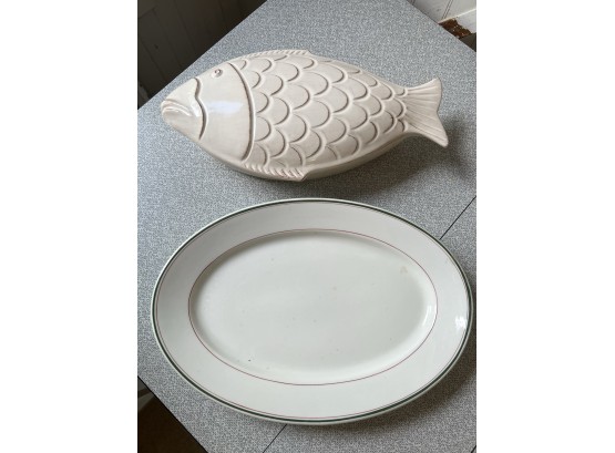 K/ Ceramic Fish Shaped Oven Casserole By Umbria Italy & Ceramic Oval Platter By Warwick China