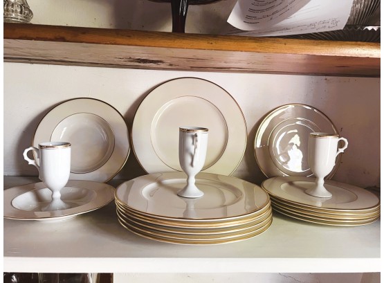 P/ Lenox 'Mansfield' 10 Plates & 2 Bowls Plus 3 Handled Mini Mugs White & Gold