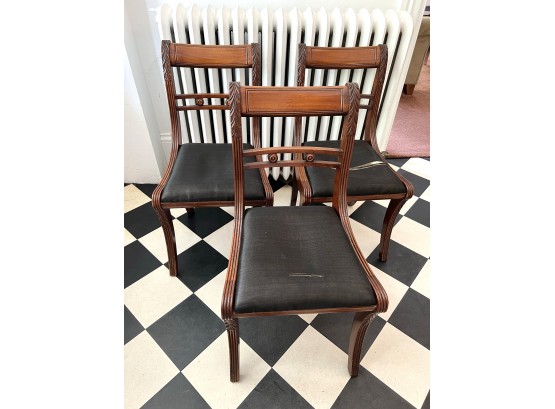DR/ Set Of 3 Antique Regency Style Wood Dining Side Chairs W/ Black Upholstered Seats