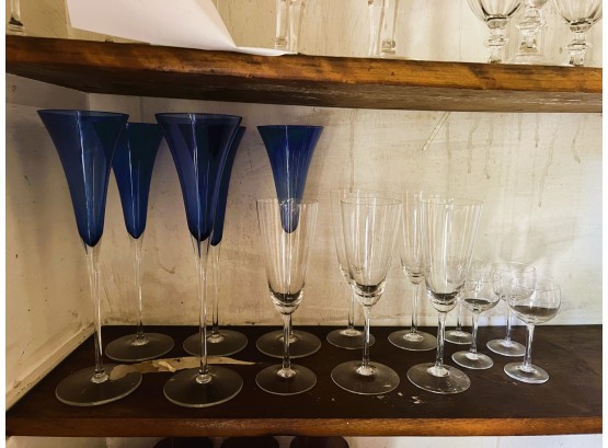 P/ 14 Glasses - 5 Tall Blue Champagne, 5 Clear Champagne, 4 Cordial