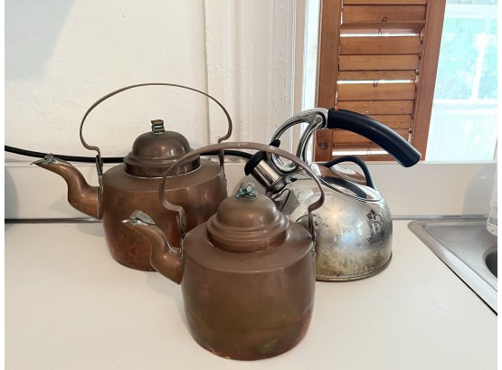 K/ Teapot Trio - 2 Vintage C.S. Thorin Marstrand Copper & 1 OXO Contemporary Stainless