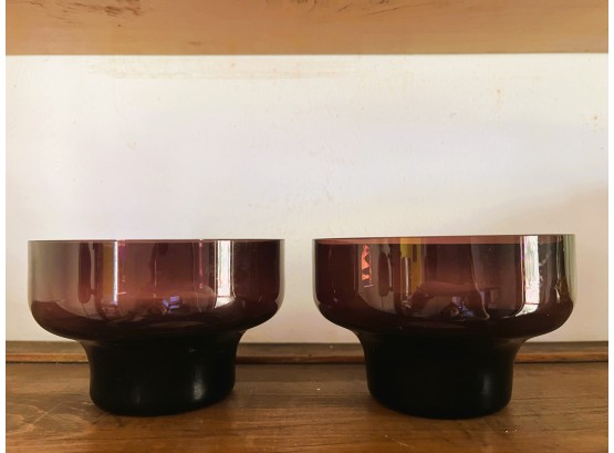 P/ Pair Of Pretty Plum Purple Colored Glass Nut Candy Bowls