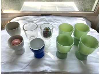 S/ Pretty 9 Egg Cup & 3 Marble/Glass Egg Bundle - Jadeite & More