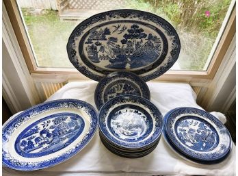 S/ Gorgeous Blue White Ceramic Plates Platters Shallow Bowls - Blue Willow, Old Willow, Churchill