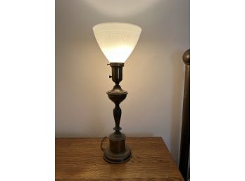 A/ Vintage Brass Shaped Table Lamp W/ White Pressed Glass Shade