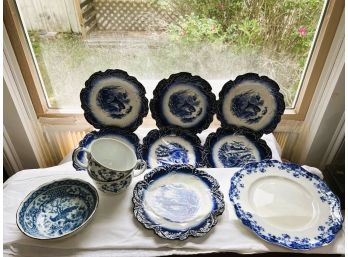 S/ Gorgeous Blue White Ceramic Fish & Pheasant Plates - Royal Vitreous, Vista Alegre, Empire Works...