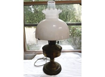 S/ Antique Brass Hurricane Oil Lamp Converted To Electric W/ Glass Shade