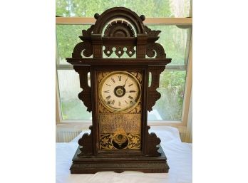 S/ Antique Eclipse 8 Day Half Hour Stroke Ornate Wood Shelf Mantle Clock