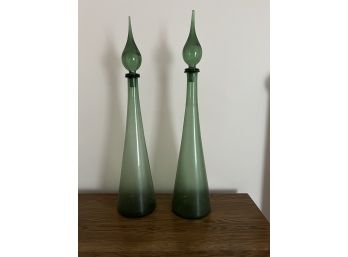 A/ Pair Of Beautiful Mid Century 26' Tall Green Blown Glass Genie Decanters