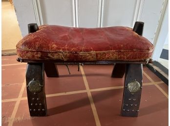 S/ Egyptian Antiquities Camel Saddle Foot Stool - Wood Frame Red Leather Cushion