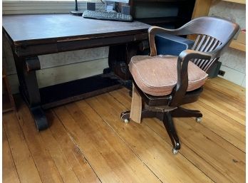 C/ Antique Banker Office Swivel Wood Chair & Antique Wood Library Table