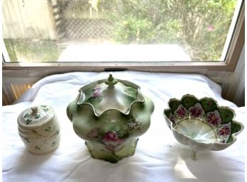 S/ Gorgeous Green 3 Ceramic Bowl/Jar Bundle - Belleek & More
